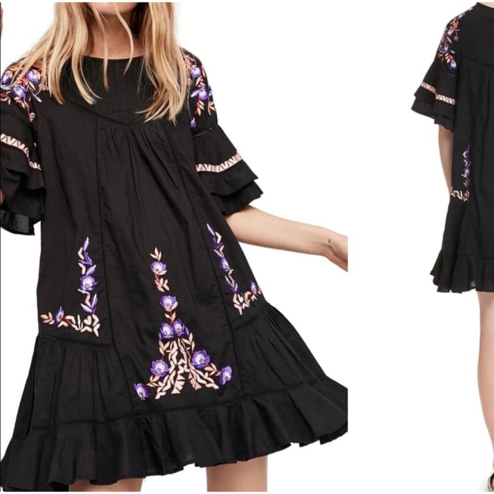 Free People Pavlo Babydoll Dress Womens XS Black Boho Floral Ruffle Pintuck